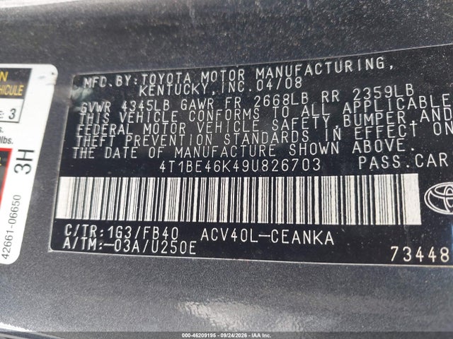 Продажа на аукционе авто 2009 Toyota Camry Le, vin: 4T1BE46K49U826703, номер лота: 46209195