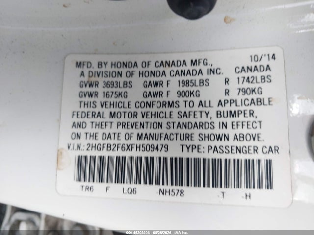 Продажа на аукционе авто 2015 Honda Civic Hf, vin: 2HGFB2F6XFH509479, номер лота: 46209208