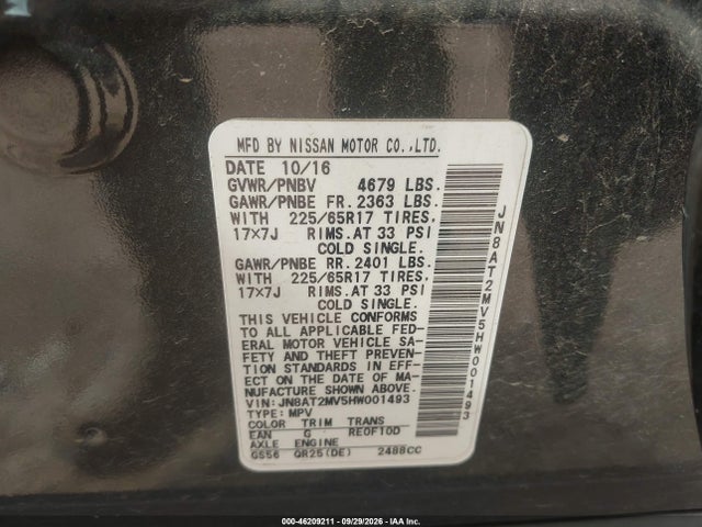 Продажа на аукционе авто 2017 Nissan Rogue Sv, vin: JN8AT2MV5HW001493, номер лота: 46209211