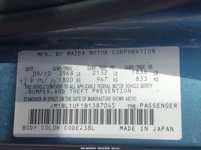 46209226 :رقم المزاد ، JM1BL1UF1B1387045 vin ، 2011 Mazda Mazda3 I Sport مزاد بيع