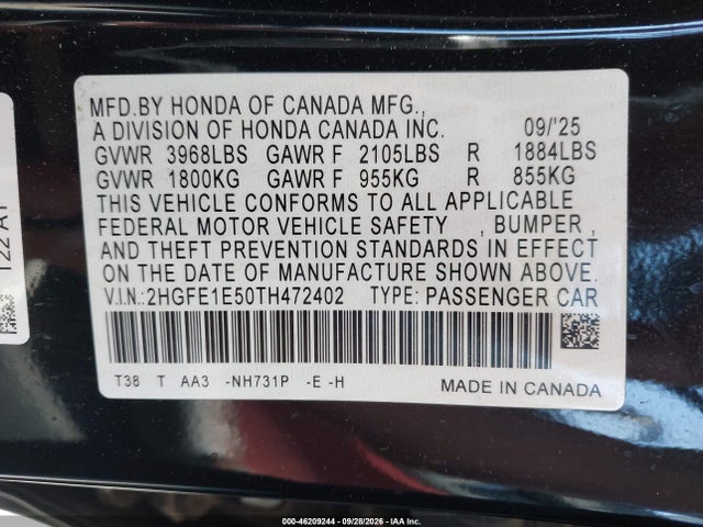 Продаж на аукціоні авто 2026 Honda Civic Si Sedan, vin: 2HGFE1E50TH472402, номер лоту: 46209244