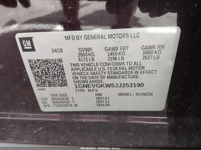 46209247 :رقم المزاد ، 1GNEVGKW5JJ253190 vin ، 2018 Chevrolet Traverse 1lt مزاد بيع