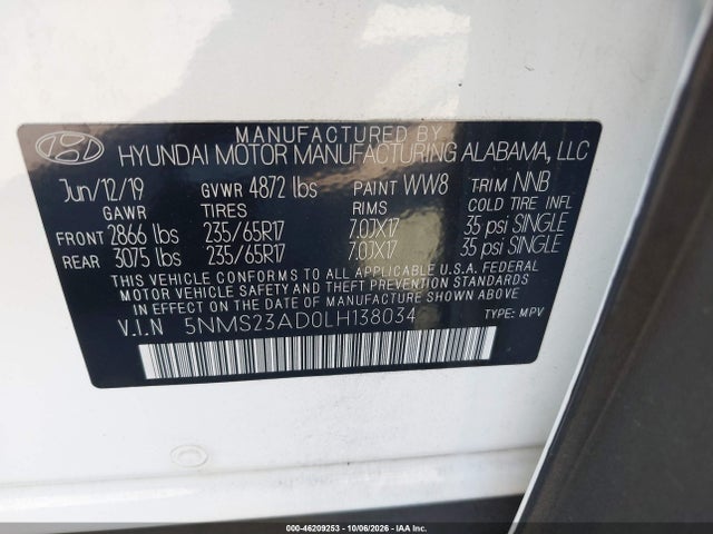 5NMS23AD0LH138034 Hyundai Santa Fe Se