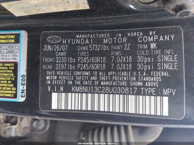 Продаж на аукціоні авто 2008 Hyundai Veracruz Gls/limited/se, vin: KM8NU13C28U030817, номер лоту: 46209259