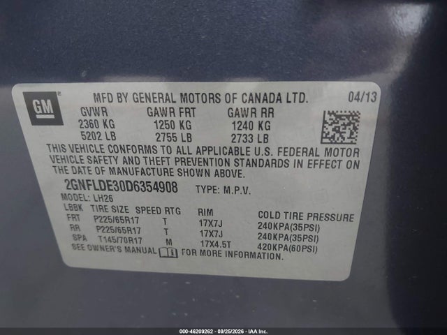 46209262 :رقم المزاد ، 2GNFLDE30D6354908 vin ، 2013 Chevrolet Equinox Lt مزاد بيع
