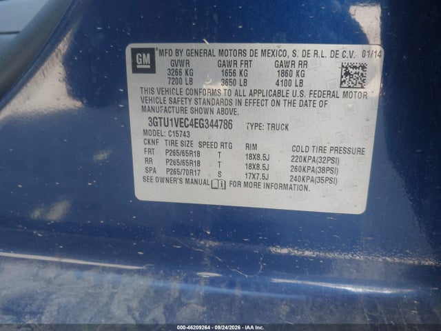 46209264 :رقم المزاد ، 3GTU1VEC4EG344786 vin ، 2014 Gmc Sierra 1500 Slt مزاد بيع