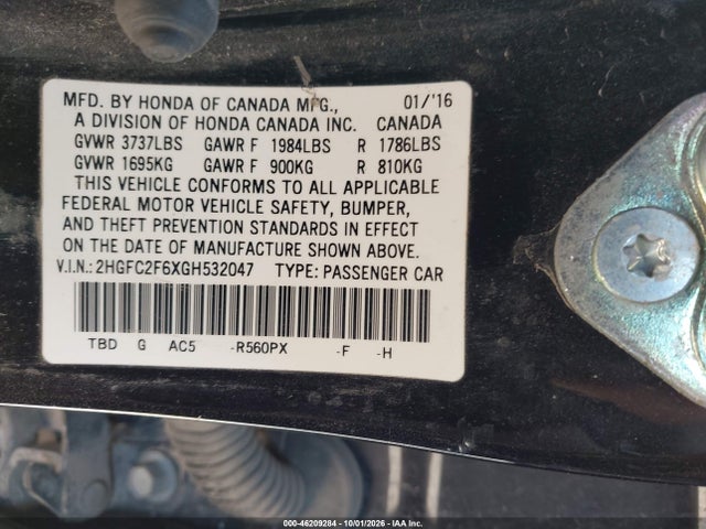 Auction sale of the 2016 Honda Civic Lx, vin: 2HGFC2F6XGH532047, lot number: 46209284