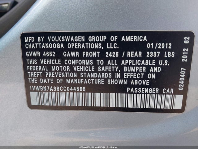 Aukcja sprzedaży 2012 Volkswagen Passat 2.0l Tdi Se, vin: 1VWBN7A38CC044565, numer aukcji: 46209288