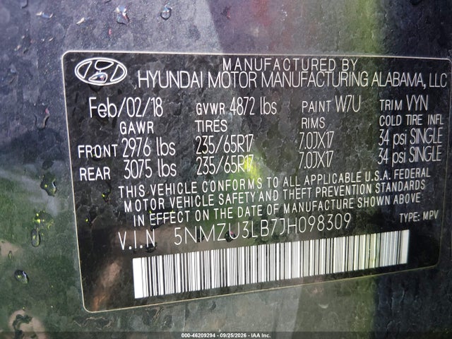 2018 Hyundai Santa Fe Sport 2.4l მანქანა იყიდება აუქციონზე, vin: 5NMZU3LB7JH098309, აუქციონის ნომერი: 46209294