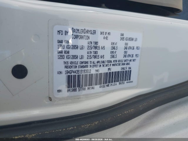 Aukcja sprzedaży 2001 Dodge Grand Caravan Sport, vin: 1B4GP44351B163512, numer aukcji: 46209303