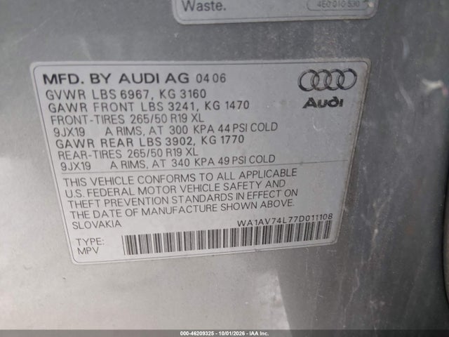 46209325 :رقم المزاد ، WA1AV74L77D011108 vin ، 2007 Audi Q7 4.2 مزاد بيع