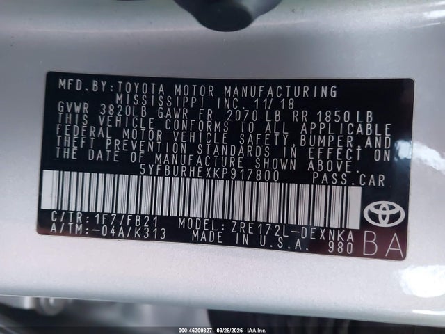 Toyota COROLLA LE 2019 5YFBURHEXKP917800 Image 9