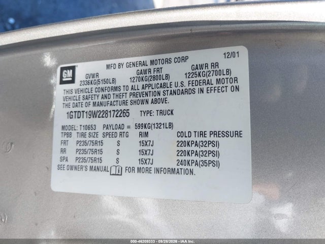 46209333 :رقم المزاد ، 1GTDT19W228172265 vin ، 2002 Gmc Sonoma Sls مزاد بيع