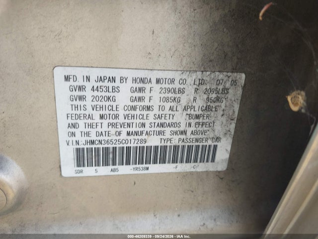 46209339 :رقم المزاد ، JHMCN36525C017289 vin ، 2005 Honda Accord Hybrid Ima مزاد بيع