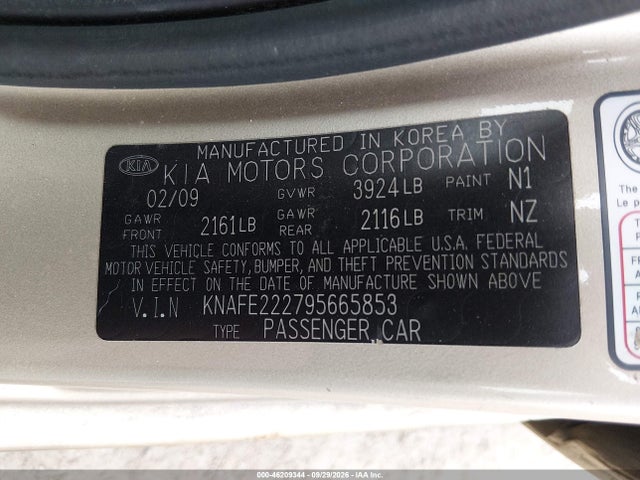 2009 Kia Spectra Ex მანქანა იყიდება აუქციონზე, vin: KNAFE222795665853, აუქციონის ნომერი: 46209344