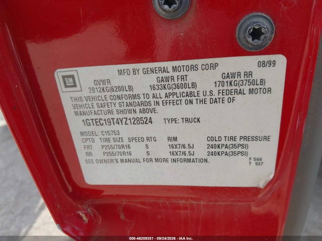 2000 Gmc New Sierra 1500 Sle მანქანა იყიდება აუქციონზე, vin: 1GTEC19T4YZ128524, აუქციონის ნომერი: 46209351