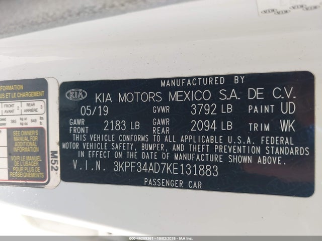 46209361 :رقم المزاد ، 3KPF34AD7KE131883 vin ، 2019 Kia Forte S مزاد بيع