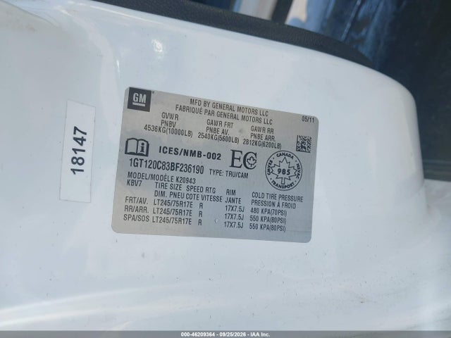 46209364 :رقم المزاد ، 1GT120C83BF236190 vin ، 2011 Gmc Sierra 2500hd Sle مزاد بيع