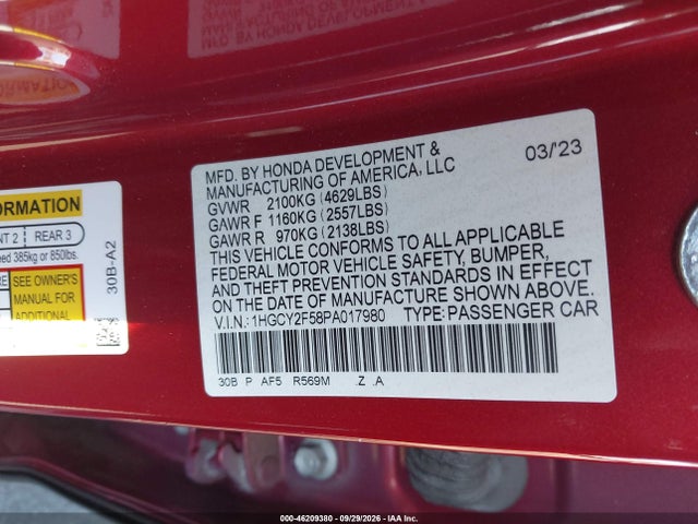 2023 Honda Accord Hybrid Sport მანქანა იყიდება აუქციონზე, vin: 1HGCY2F58PA017980, აუქციონის ნომერი: 46209380