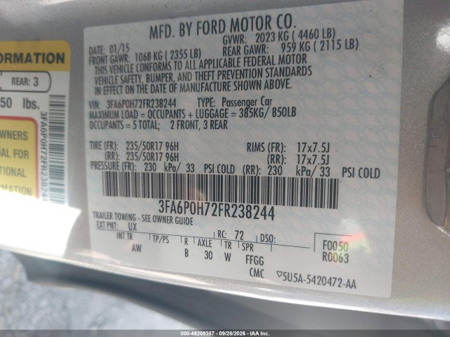 2015 Ford Fusion Se მანქანა იყიდება აუქციონზე, vin: 3FA6P0H72FR238244, აუქციონის ნომერი: 46209387