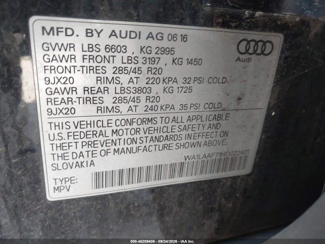 Продаж на аукціоні авто 2017 Audi Q7 3.0t Premium, vin: WA1LAAF71HD022401, номер лоту: 46209406