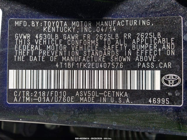 2014 Toyota Camry L/se/le/xle მანქანა იყიდება აუქციონზე, vin: 4T1BF1FK2EU407576, აუქციონის ნომერი: 46209414
