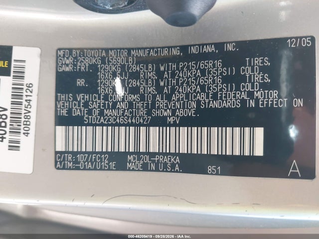 Aukcja sprzedaży 2006 Toyota Sienna Le, vin: 5TDZA23C46S440427, numer aukcji: 46209419