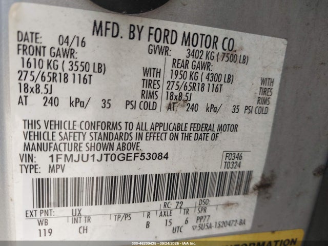46209425 :رقم المزاد ، 1FMJU1JT0GEF53084 vin ، 2016 Ford Expedition Xlt مزاد بيع