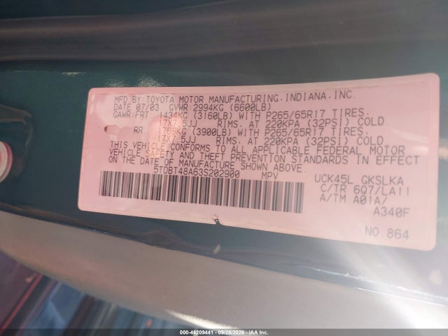 Продаж на аукціоні авто 2003 Toyota Sequoia Limited V8, vin: 5TDBT48A63S202900, номер лоту: 46209441
