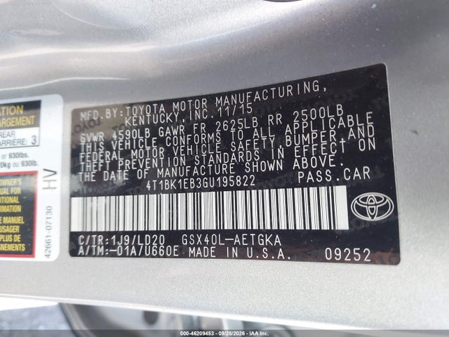 46209453 :رقم المزاد ، 4T1BK1EB3GU195822 vin ، 2016 Toyota Avalon Xle مزاد بيع