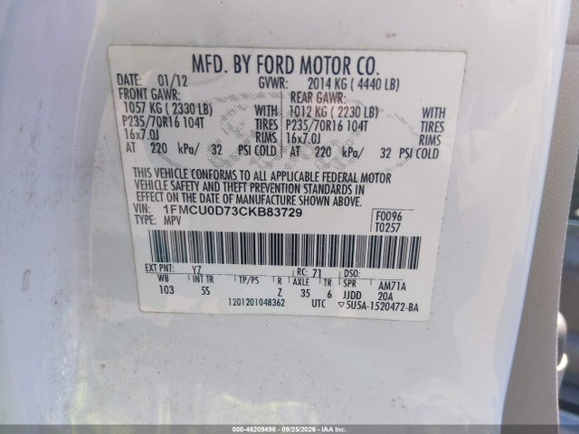 Продаж на аукціоні авто 2012 Ford Escape Xlt, vin: 1FMCU0D73CKB83729, номер лоту: 46209498