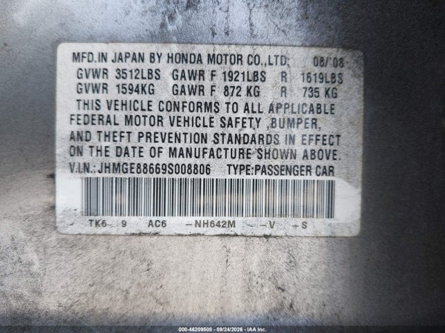 2009 Honda Fit Sport W/navi მანქანა იყიდება აუქციონზე, vin: JHMGE88669S008806, აუქციონის ნომერი: 46209508