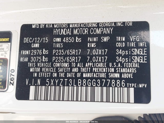 Продаж на аукціоні авто 2016 Hyundai Santa Fe Sport 2.4l, vin: 5XYZT3LB8GG377886, номер лоту: 46209520