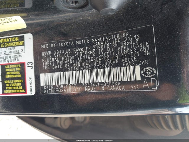 46209525 :رقم المزاد ، 2T1BU4EEXCC775652 vin ، 2012 Toyota Corolla S مزاد بيع