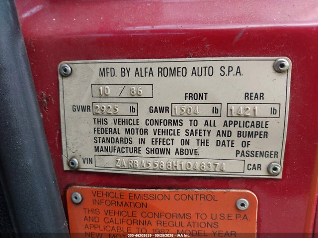 Продаж на аукціоні авто 1987 Alfa Romeo Spider Veloce, vin: ZARBA5588H1048374, номер лоту: 46209539