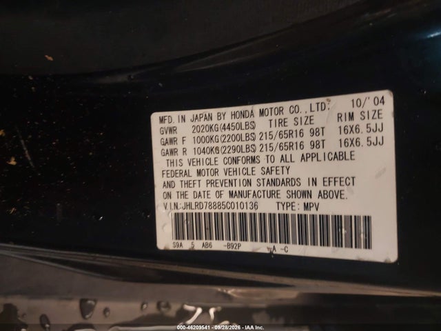 Auction sale of the 2005 Honda Cr-v Ex, vin: JHLRD78885C010136, lot number: 46209541
