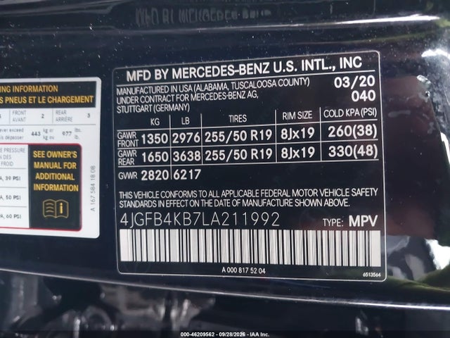 2020 Mercedes-benz Gle 350 4matic მანქანა იყიდება აუქციონზე, vin: 4JGFB4KB7LA211992, აუქციონის ნომერი: 46209562