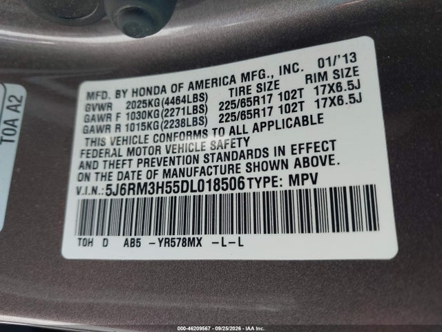 Продажа на аукционе авто 2013 Honda Cr-v Ex, vin: 5J6RM3H55DL018506, номер лота: 46209567
