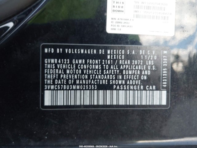 46209569 :رقم المزاد ، 3VWC57BU3MM025353 vin ، 2021 Volkswagen Jetta 1.4t R-line/1.4t S/1.4t Se مزاد بيع