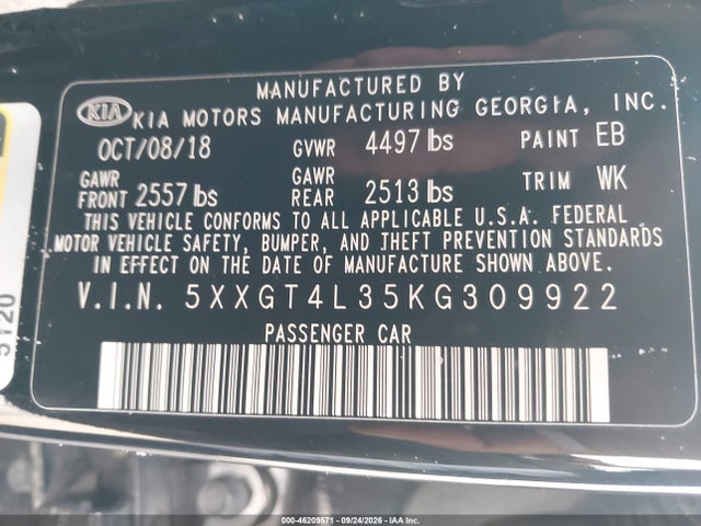 Продажа на аукционе авто 2019 Kia Optima Lx, vin: 5XXGT4L35KG309922, номер лота: 46209571