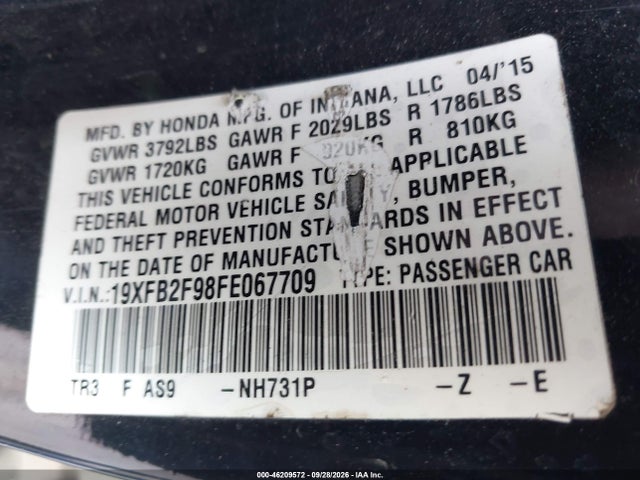 46209572 :رقم المزاد ، 19XFB2F98FE067709 vin ، 2015 Honda Civic Ex-l مزاد بيع