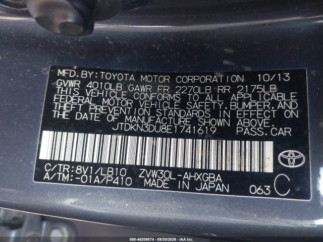 46209574 :رقم المزاد ، JTDKN3DU8E1741619 vin ، 2014 Toyota Prius Five مزاد بيع