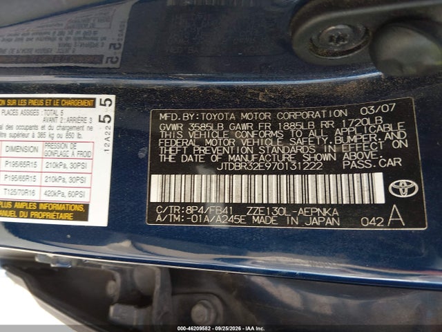 46209582 :رقم المزاد ، JTDBR32E970131222 vin ، 2007 Toyota Corolla Le مزاد بيع