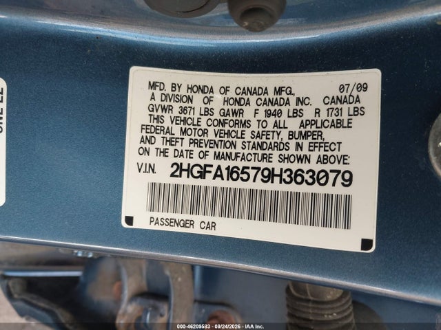 Aukcja sprzedaży 2009 Honda Civic Sdn Lx, vin: 2HGFA16579H363079, numer aukcji: 46209583