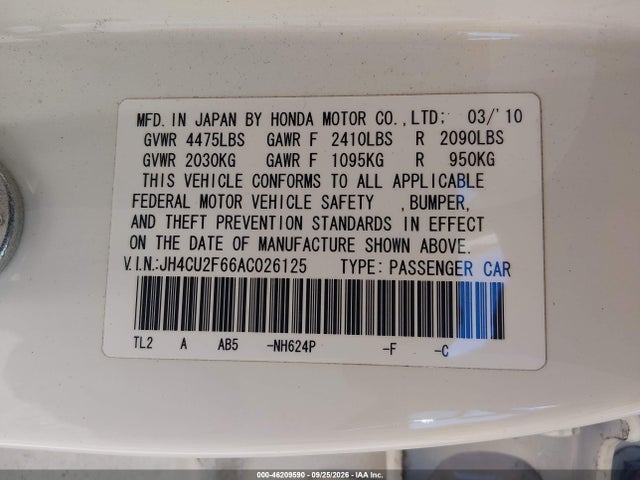 46209590 :رقم المزاد ، JH4CU2F66AC026125 vin ، 2010 Acura Tsx 2.4 (a5)/tech Pkg مزاد بيع