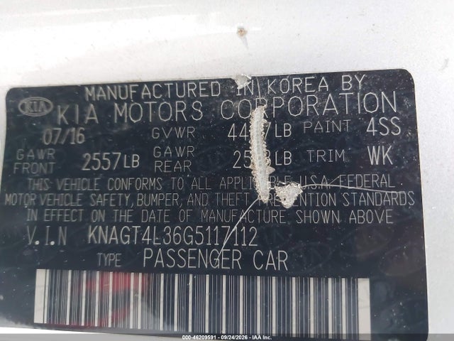 Продажа на аукционе авто 2016 Kia Optima Lx, vin: KNAGT4L36G5117112, номер лота: 46209591