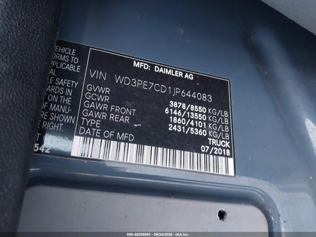 Aukcja sprzedaży 2018 Mercedes-benz Sprinter 2500 Standard Roof V6, vin: WD3PE7CD1JP644083, numer aukcji: 46209593