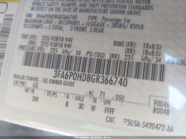 Ford FUSION SE 2016 3FA6P0HD8GR366740 Image 9