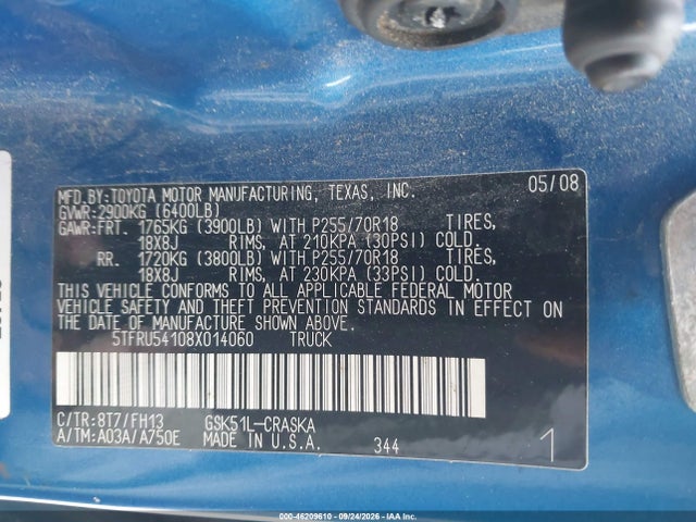 Aukcja sprzedaży 2008 Toyota Tundra 2wd Truck Base V6 (a5), vin: 5TFRU54108X014060, numer aukcji: 46209610