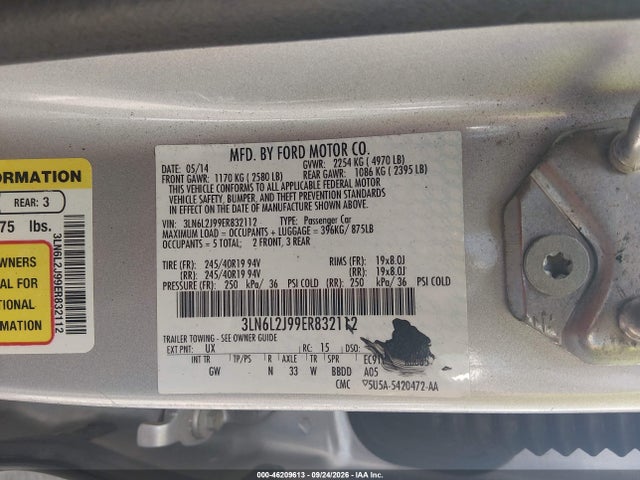 46209613 :رقم المزاد ، 3LN6L2J99ER832112 vin ، 2014 Lincoln Mkz مزاد بيع